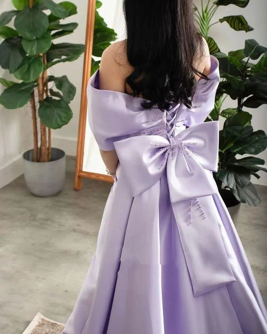 Lilac Pearls Evening Birthday Dress 2024 Off-The-Shoulder Mermaid Sweep Train Bow Satin Formal Prom Gowns fg4285
