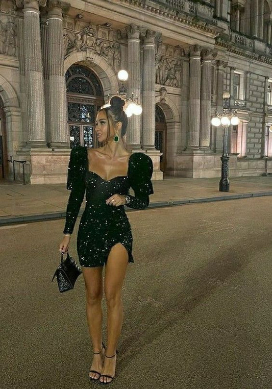 Glitter Sequin Black Short Prom Dresses,Puff Long Sleeves Sweetheart Fashion Cocktail Dress fg3486