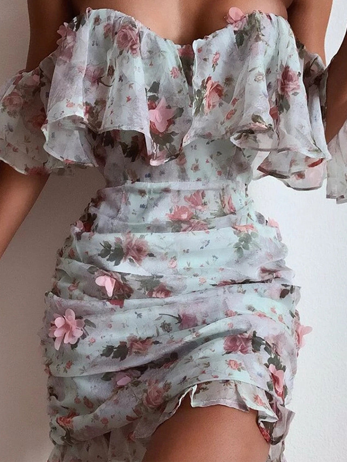 Floral Print Ruched Chiffon Women Dress Ruffle off Shoulder Elegant Sexy Party Short Prom Dress fg3560