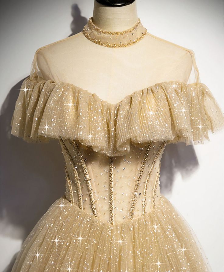 Gold Tulle Sequin Long Prom Dress, Gold Tulle Bridesmaid Dress fg4089