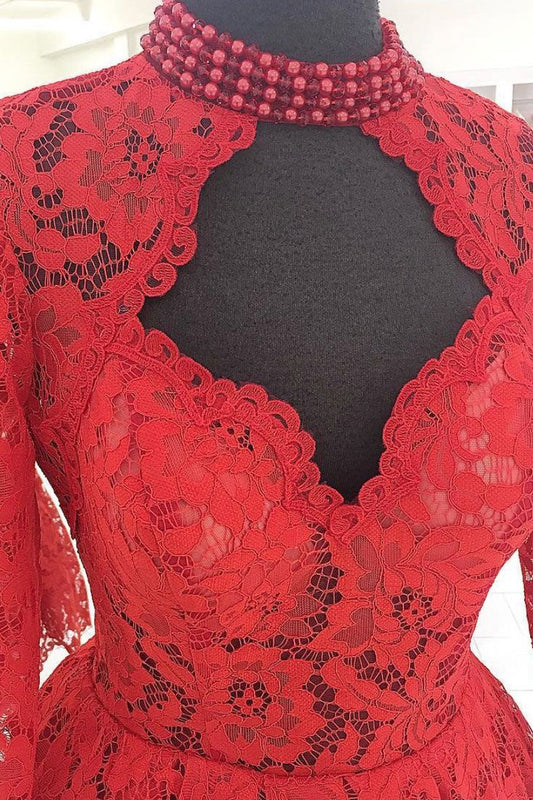 Red lace short prom dress, red lace homecoming dress fg3829