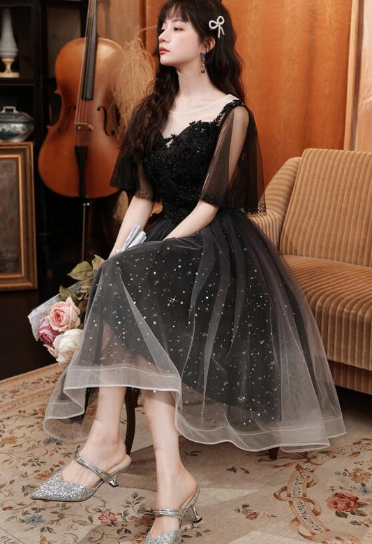 Black Short Sleeves Gradient Tulle And Lace Party Dress, Lovely Black Formal Dresses Bridesmaid Dress fg3699