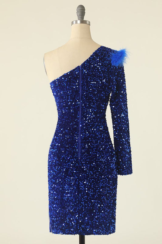 One Shoulder Sequined Cocktail Dress With Feathers fg3845