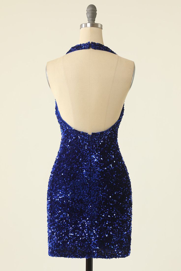 Royal Blue Sequin Halter Open Back Short Homecoming Dress fg3516