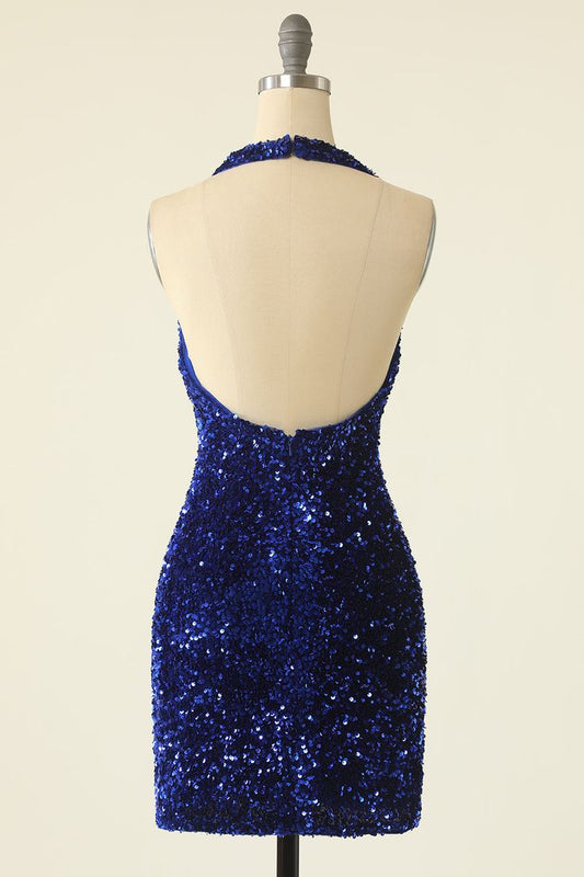 Royal Blue Sequin Halter Open Back Short Homecoming Dress fg3516