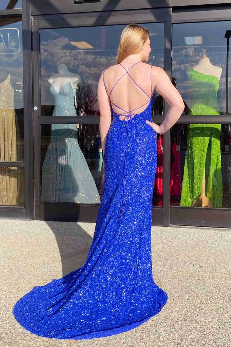 Sparkle Royal Blue Sequins Long Prom Dress with Slit cg24958