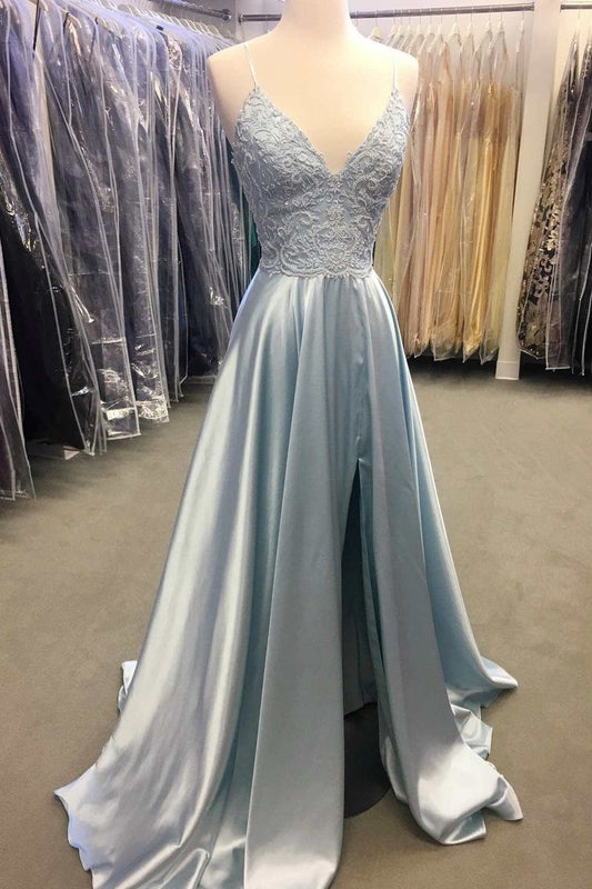Light Blue Lace Lace-Up Back A-Line Prom Dress with Slit fg3632