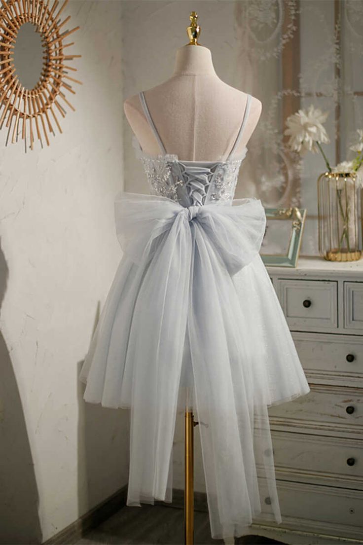 Grey Beaded Bow-Back Short Homecoming Dress fg3421