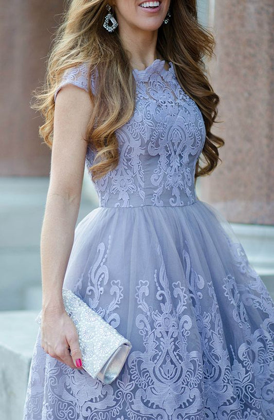 A-Line Blue Lace Tea Length Bridesmaid Dress Homecoming Dress fg3564