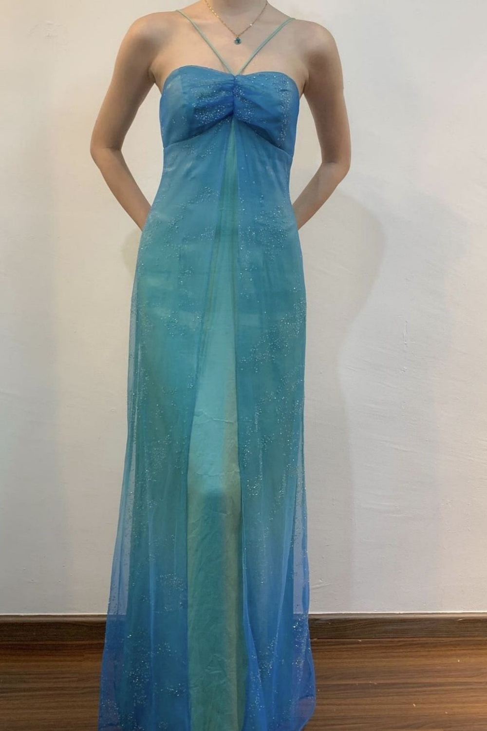 amakanas-Vintage Blue-Green Gradient Spaghetti Strap Sequin Long Evening Gown gh6025