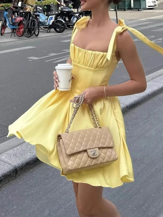 amakanas-Yellow Fashion Sweet Short Satin Homecoming Dress Birthday Dress gh5270