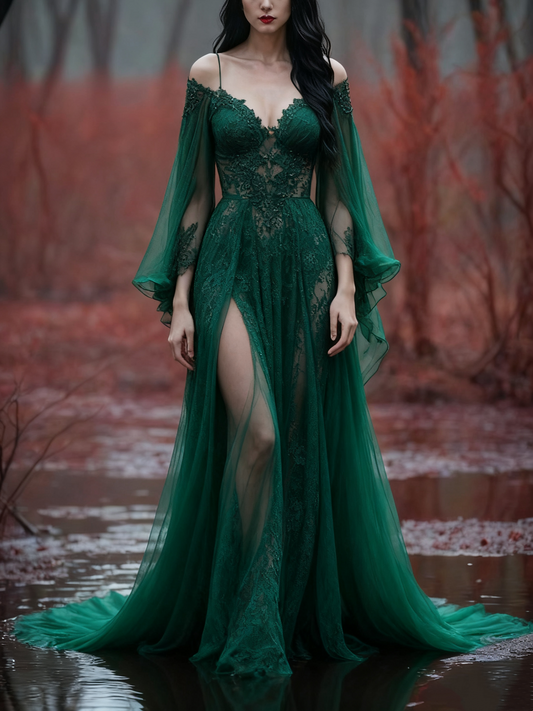 amakanas-Long Sleeves Long Tulle Floor-Length Train Retro Elegant Ball Gown Evening Dress gh5943