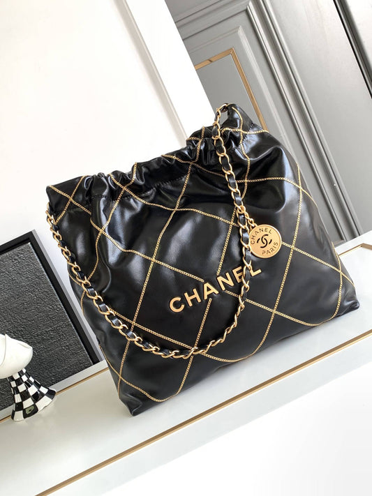 Chanel 22 Handbag 23B Shiny Calfskin Black Chain Quilt 35 x 37 x 7 cm