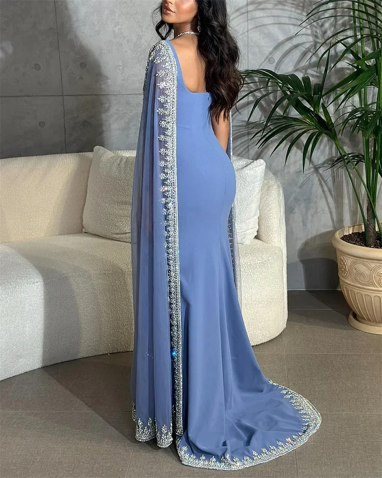 Sparkly Blue Evening Dresses Cape Long Mermaid Prom Dress Formal Evening Dress Wedding Dress SH945