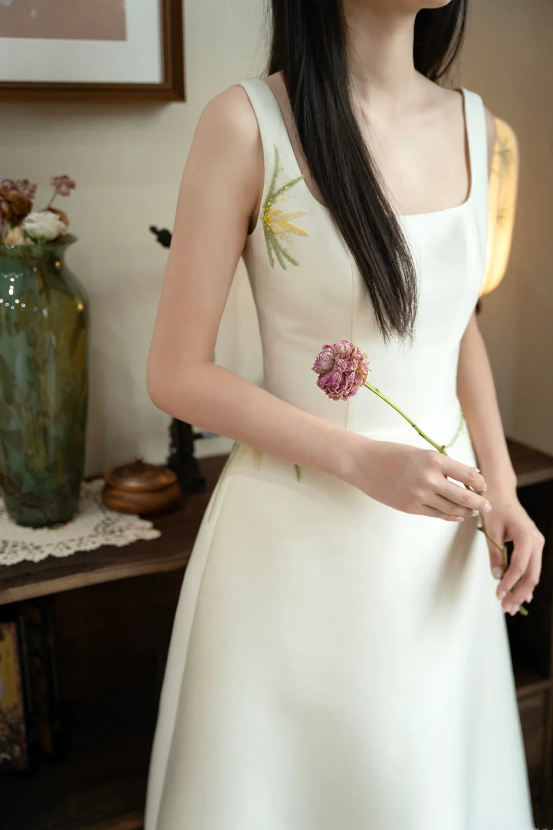 amakanas- Vintage Beige Orchid Grass Embroidered Square Neck Midi Chinese Style Evening Gown gh6035