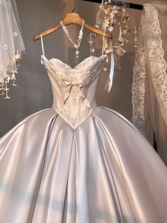 Vintage Satin Beaded Sweetheart A-Line Spaghetti Strap Wedding Dress TP5032