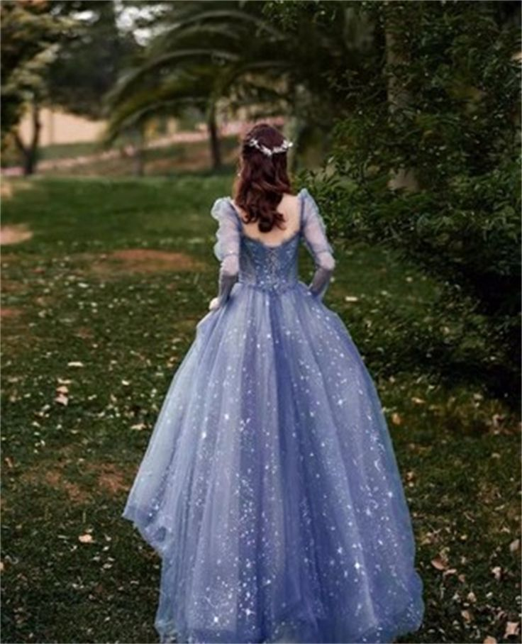 Elegant Blue Tulle Beaded Fairy Ball Gown Long Prom Dress Quinceanera Dress SH1028