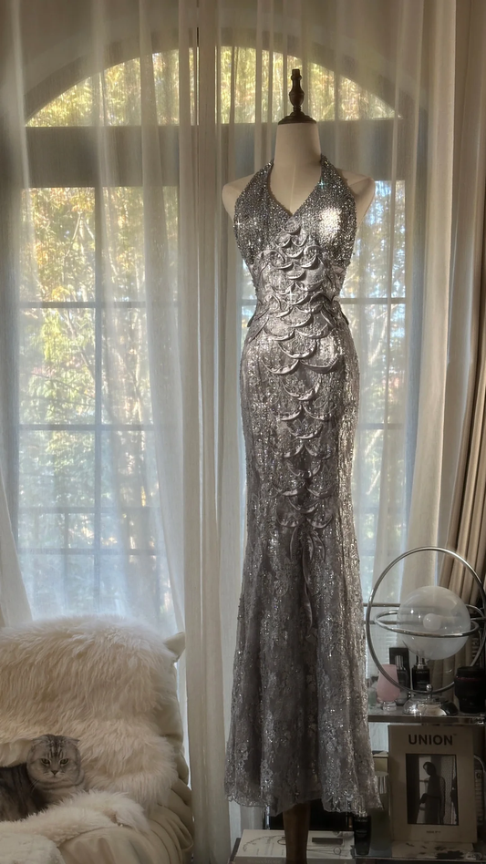 Vintage Silvery V-neck Sparkling Sequin Design Romantic Chiffon Evening Dress Prom Dress TP4018