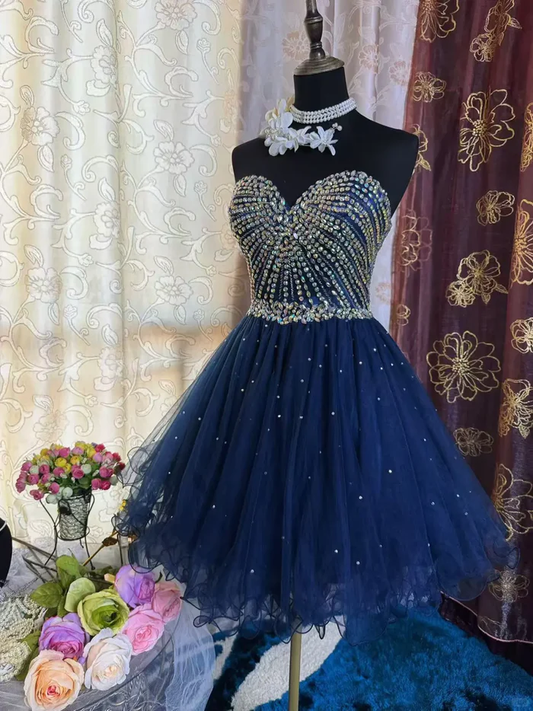 Sparkly Sweetheart Neck Blue Tulle Beaded A Line Short Prom Dress Formal Homecoming Dress cg26136