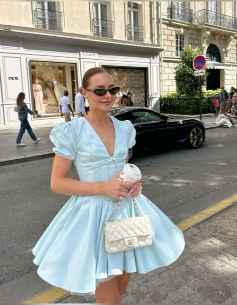 amakanas-Light blue fashionable V-neck A-line puff sleeve short satin homecoming dress birthday dress gh5289