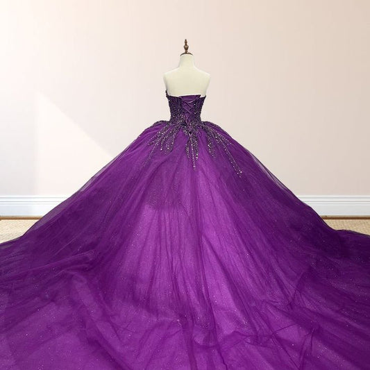 amakanas-Purple shimmering, delicately beaded long tulle ball gown/wedding dress gh6186