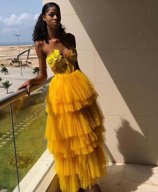 Unique Yellow Strapless Layered Tulle Long Prom Dress SH722
