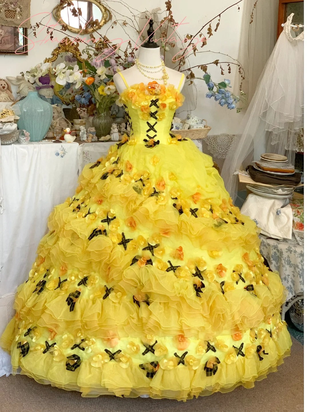 Yellow Floral Long Tulle Cake Dress Ball Gown Evening Gown Quinceanera Dresses Wedding Dress gh4579