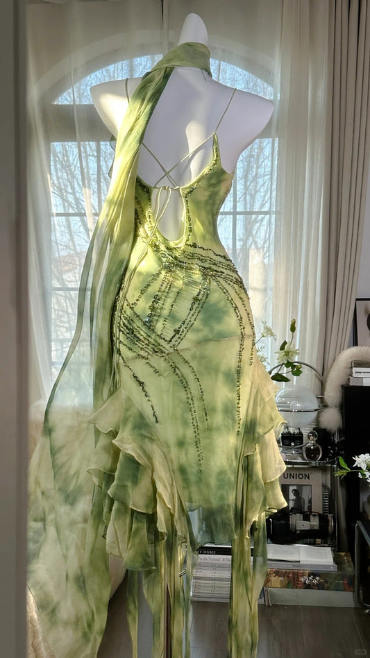 Green Romantic Elegant Exquisite Beaded Backless Long Chiffon Ruffle Homecoming Dress Prom Dress Evening Dress Birthday Vacation Party Dress gh4008