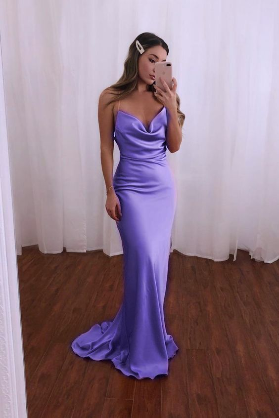 Spaghetti Straps Purple Long Mermaid Prom Dress Party Dress SH942
