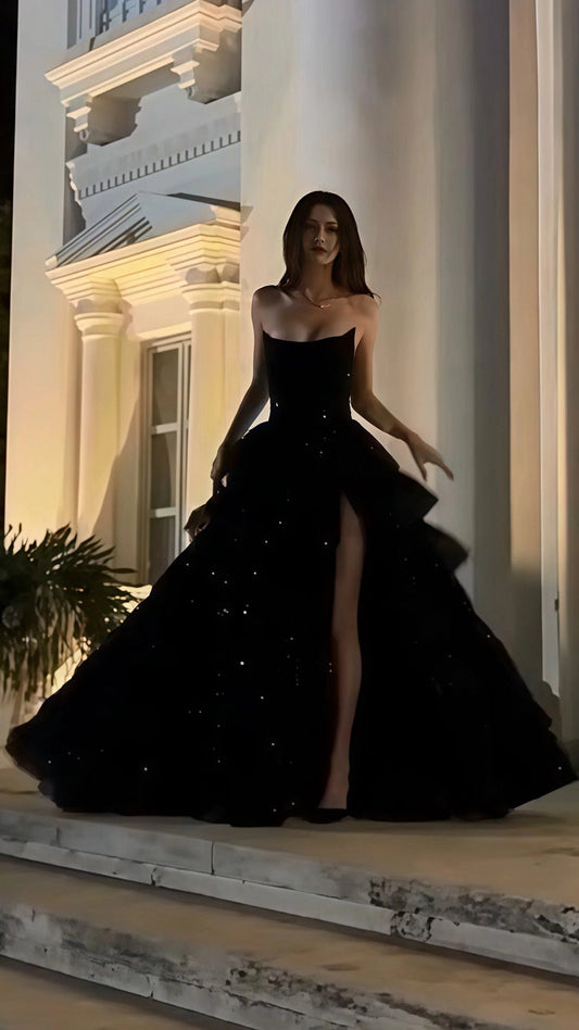 Sparkly Black Dress Prom Looks Long Ball Gown Pageant Dress with Slit