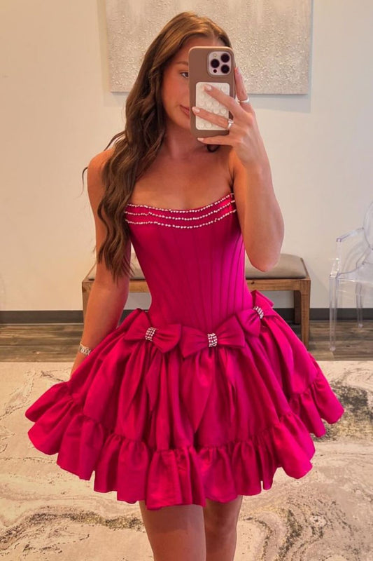 Pink A-Line Strapless Short Satin Homecoming Dress with Bowknot Detail
