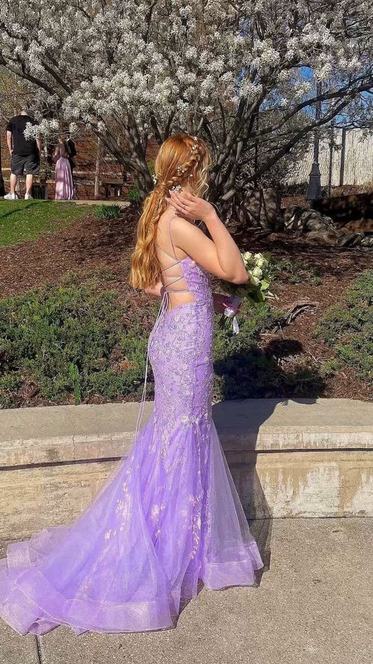 Lavender Mermaid Lace Applique Prom Dress Tulle Long Evening Dress SH917