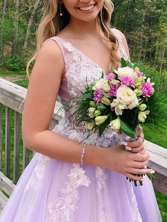 Purple Tulle Appliques V Neck Prom Dresses SH998