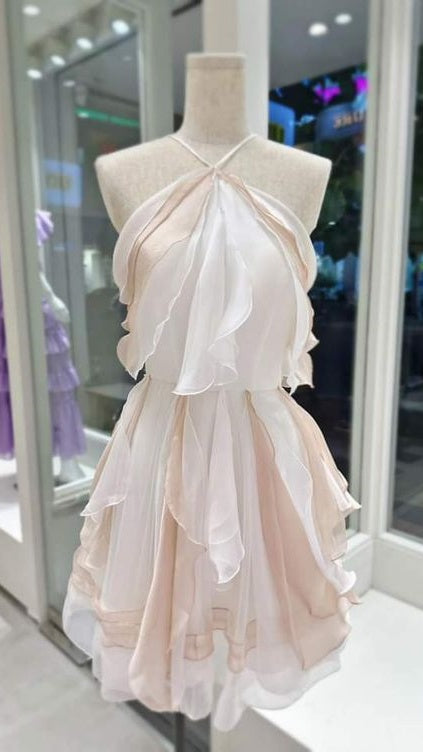 Champagne Halter Chiffon Ruffle Cocktail Homecoming Party Dresses,AST1820