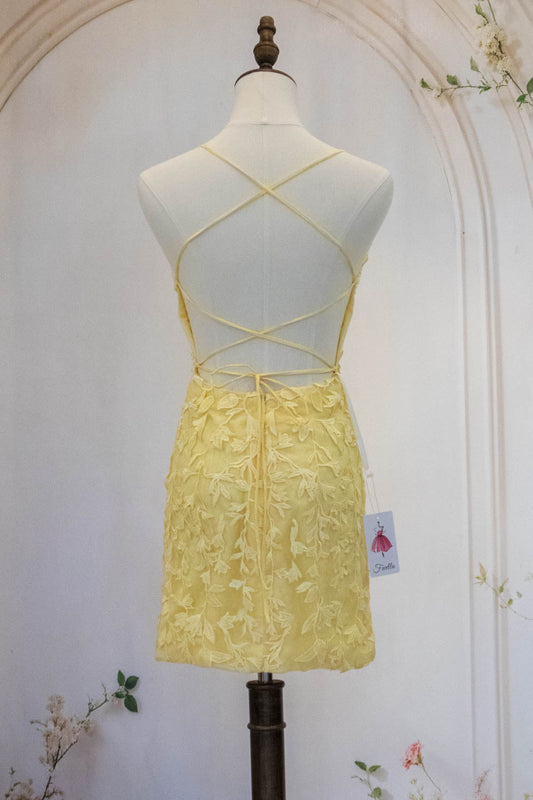 Cute Yellow Spaghetti Straps Short Tight Lace Homecoming Dress
