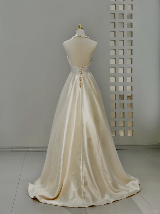 Princess Bridal Dress A Line Halter Ivory Satin Wedding Dress With Flower Wedding Dresses Modest Wedding Gowns DH2037