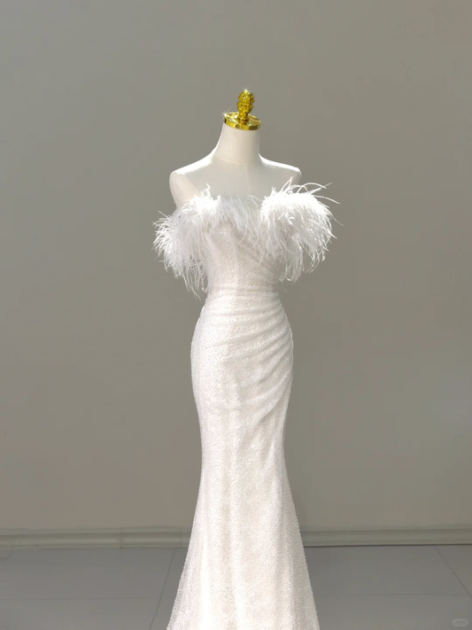 Princess Bridal Dress Mermaid Off The Shoulder White Sequin Feathers Wedding Dress Wedding Dresses Modest Wedding Gowns DH2039