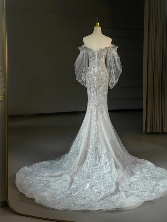 Princess Bridal Dress Mermaid Off The Shoulder Lace Tulle Long Sleeves Wedding Dress With Long Sleeves Wedding Dresses Modest Wedding Gowns DH2065