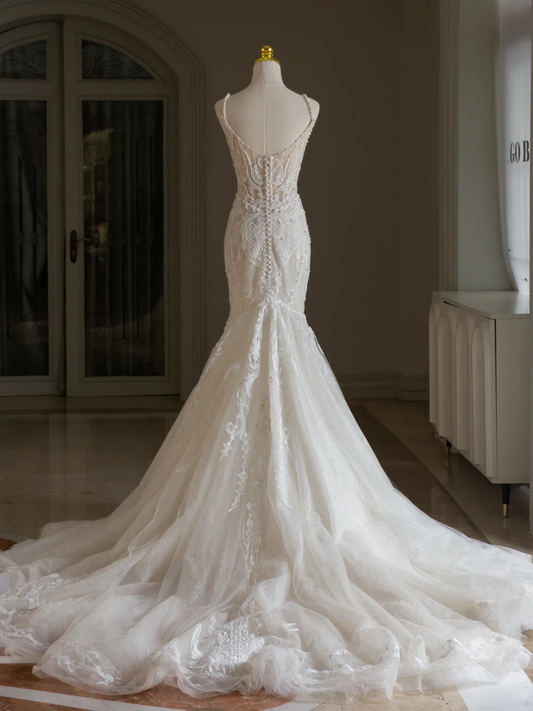 Classic Wedding Gown Bridal Dress Mermaid Square Neck Lace Tulle Wedding Dress Long Wedding Dresses Modest Wedding Gowns DH2072