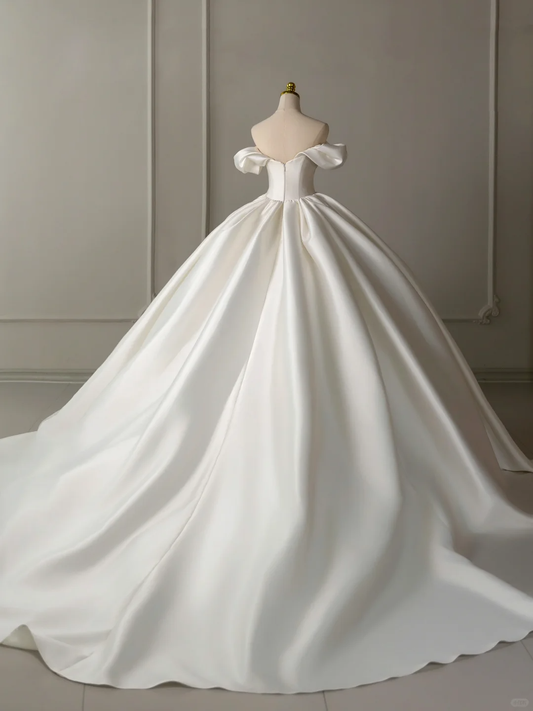 Elegant Wedding Dress Ball Gown Off The Shoulder Satin Short Sleeves Wedding Dresses Bridal Gowns DH2074