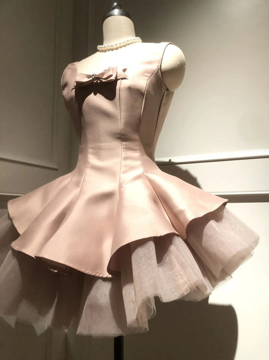 Unique A line Scoop Pink Satin Short Mini Formal 8th Grade Homecoming Dresses Middle School Short Cocktail Dress Hoco Outfits DH2096