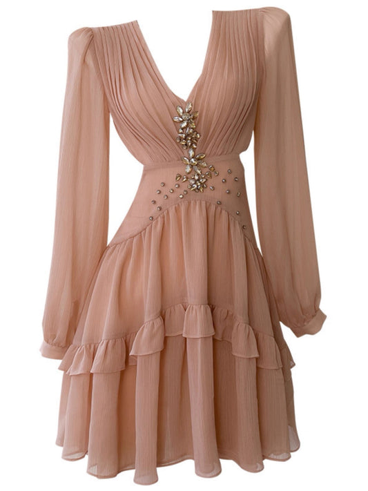 Simple A line V Neck Chiffon Mini Short Formal Cocktail Dress Homecoming Dresses Summer Middle School Hoco Dress Homecoming Outfits Birthday Outfit DH2179