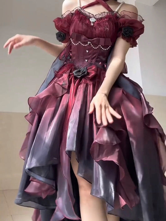 Vintage Ball Gown Off The Shoulder Half Sleeves 21st Birthday Dress Lolita Dress Burgundy Birthday Outfits DH2419