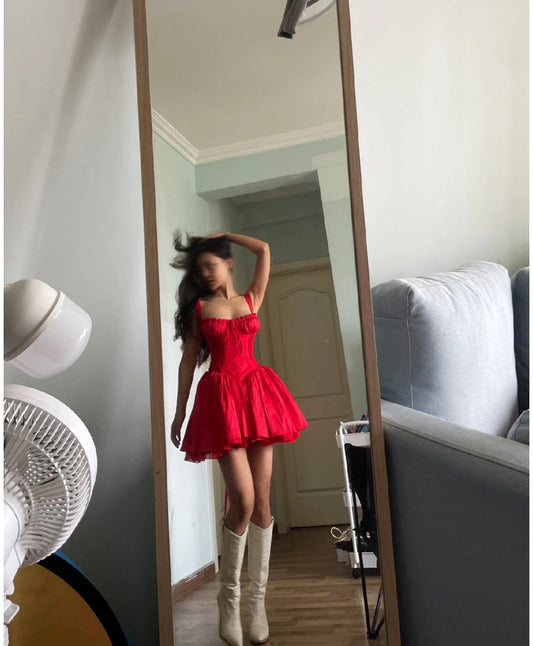 Cute A line Square Neck Red Short Lace Homecoming Dress Summer Hoco Dresses Mini Night Cocktail Dress DH2481