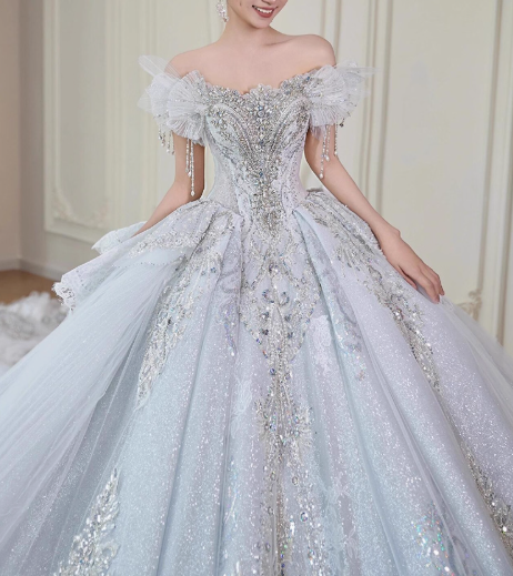 Elegant White Beaded Bridal Dress Tulle Off-the-shoulder Ball Gown Applique Train Wedding Dresses Modest Bridal Gowns DH2724