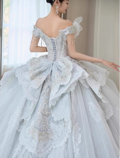 Elegant White Beaded Bridal Dress Tulle Off-the-shoulder Ball Gown Applique Train Wedding Dresses Modest Bridal Gowns DH2724
