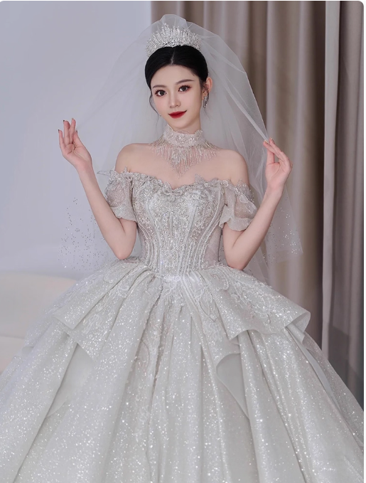 Modest White Wedding Dresses Tulle Sparkly Ball Gown Elegant Bridal Dress Beaded Short Sleeve Bridal Gowns DH2730