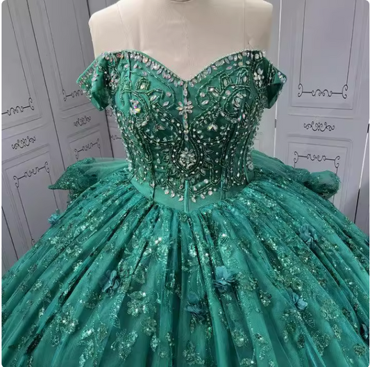 Gorgeous Dark Green Off-the-Shoulder Tulle Long Ball Gown Appliques Sweet 16th Birthday Dress Cute Beaded Sequin Quinceanera Dress DH2733