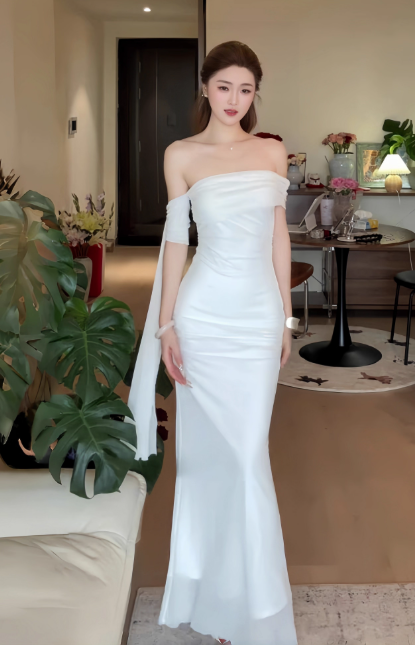 Elegant Off-the-shoulder Mermaid Tulle Evening Dresses White Birthday Dresses DP03034