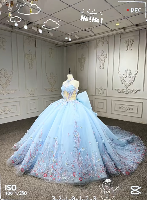 Gorgeous Halter Ball Gown Tulle Beaded Applique Long Prom Dresses, Pale Blue Quinceanera Dresses DP03043